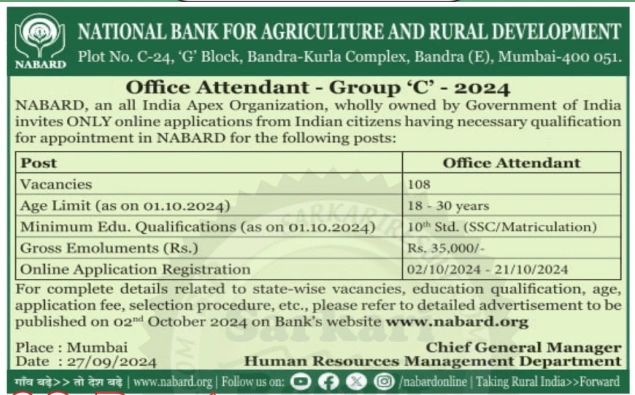 NABARD Office Attendant Recruitment 2024