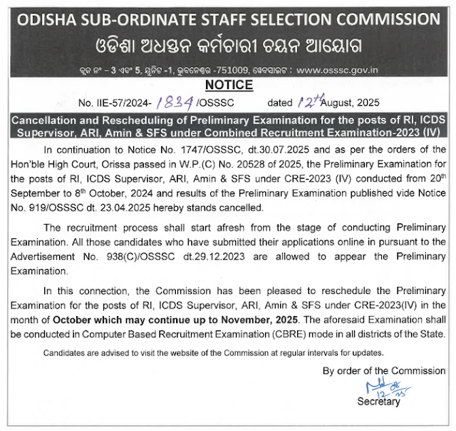 OSSSC CRE IV Prelims Exam Date 2025
